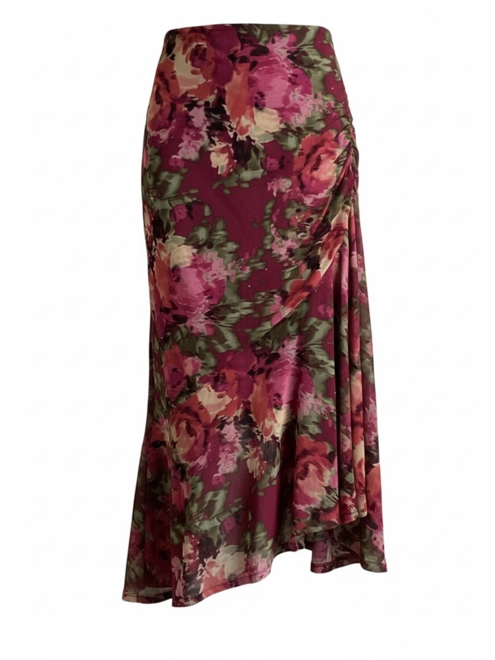 Women's High-Low Floral Skirt in Burgundy - Elegant Asymmetric Hem